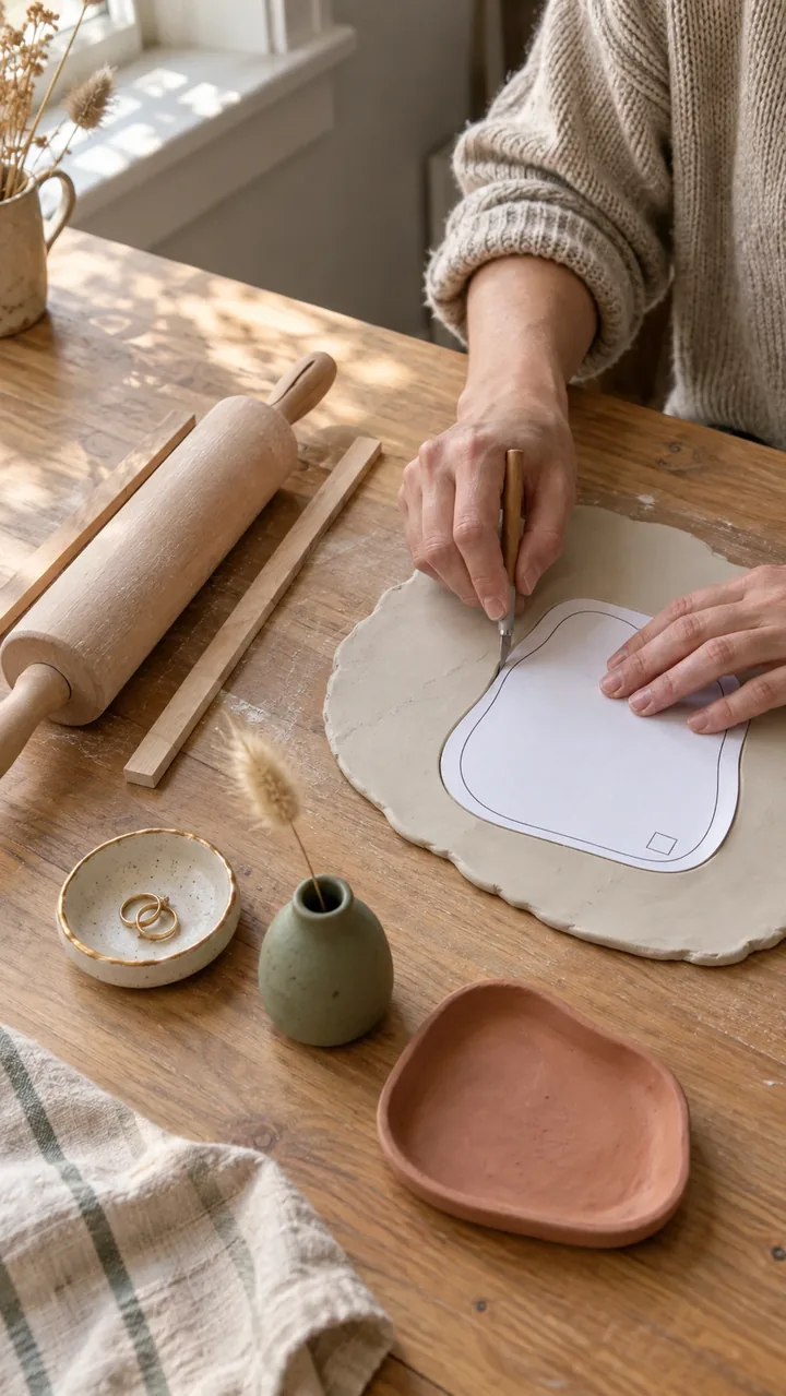Hands tracing a printed template on a slab of air-dry clay