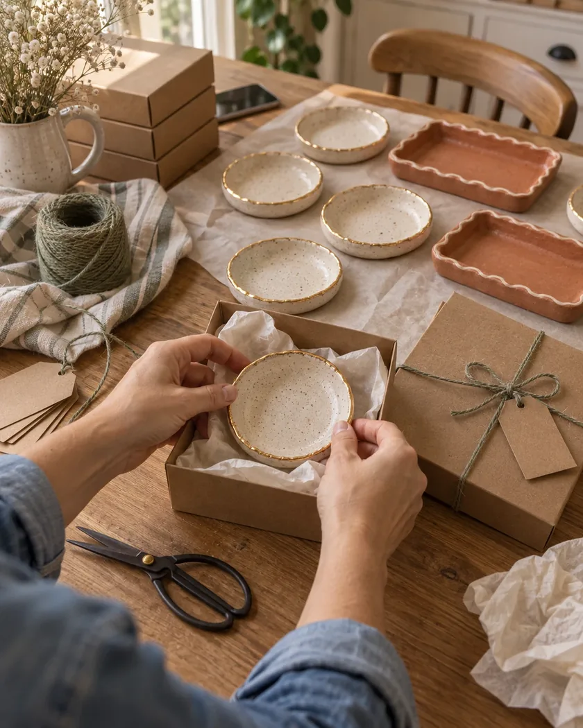 Wrapping handmade clay ring dishes to sell