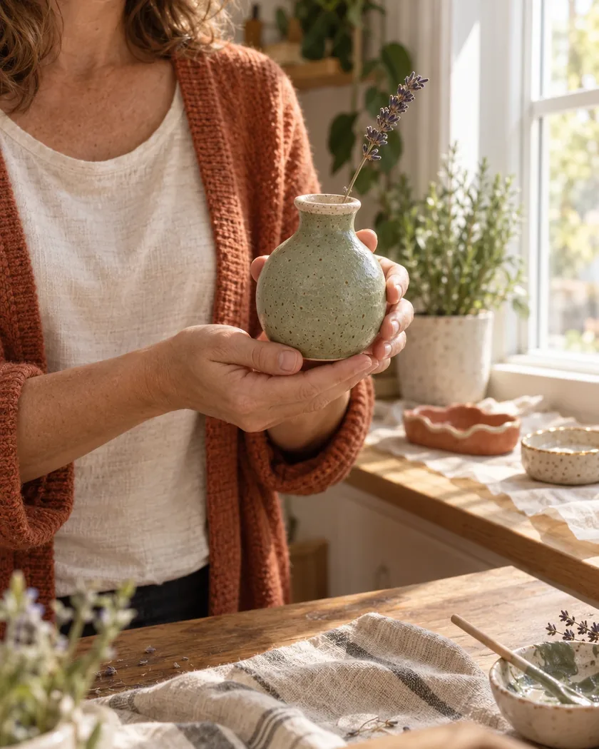 Woman holding a handmade clay bud vase she made