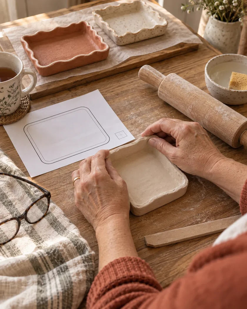 Woman shaping a clay dish at her kitchen table