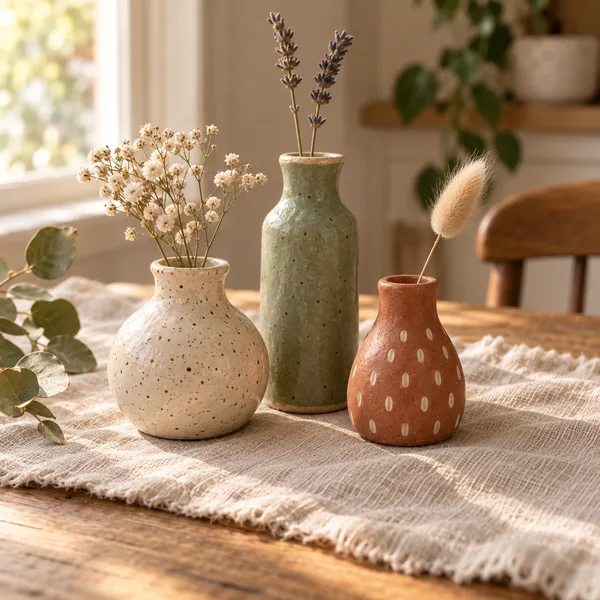 Handmade clay bud vases with dried flowers