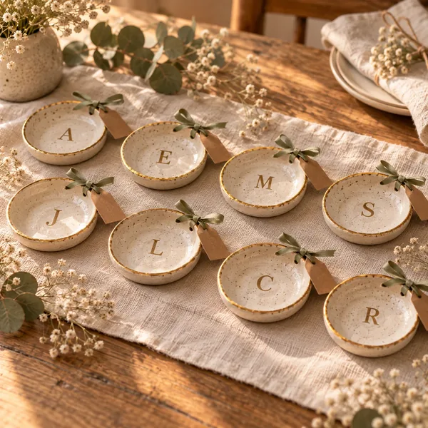 Personalized clay ring dishes as wedding favors