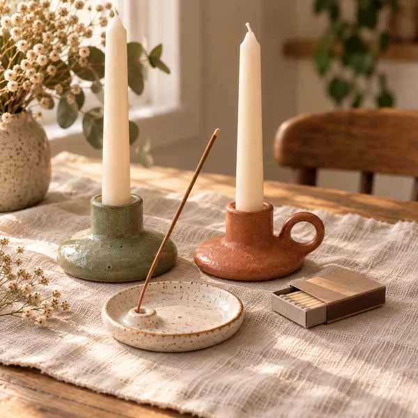 Handmade clay candle and incense holders